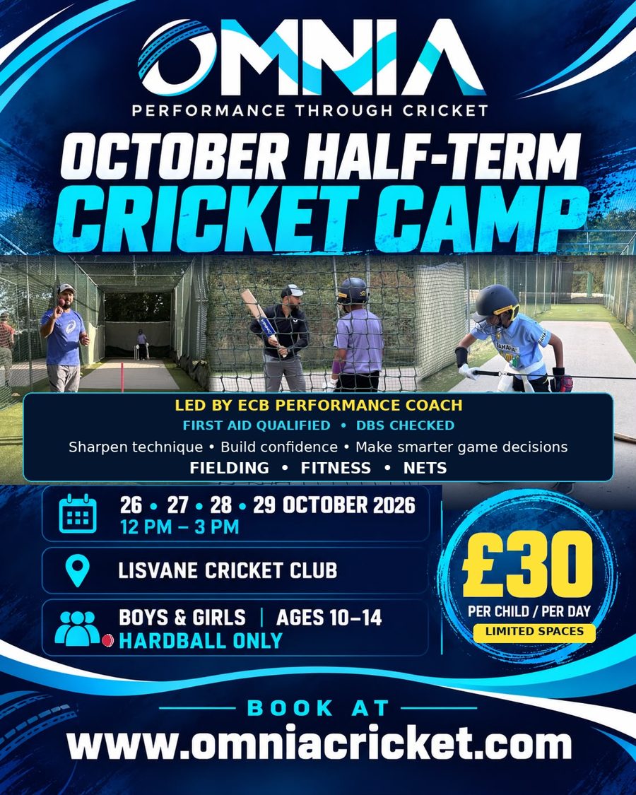 Omnia Cricket October Half-Term Cricket Camp poster: 26 to 29 October 2026, 12pm to 3pm, Lisvane Cricket Club, boys and girls ages 10 to 14, hardball only, £30 per child per day
